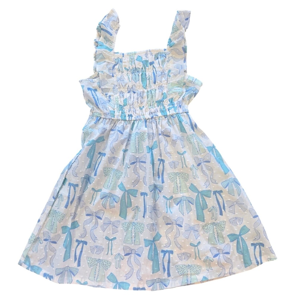 Penelope Mack Girls Blue Green Bow Print Smocked Swiss Dot Cotton Dress Size 5